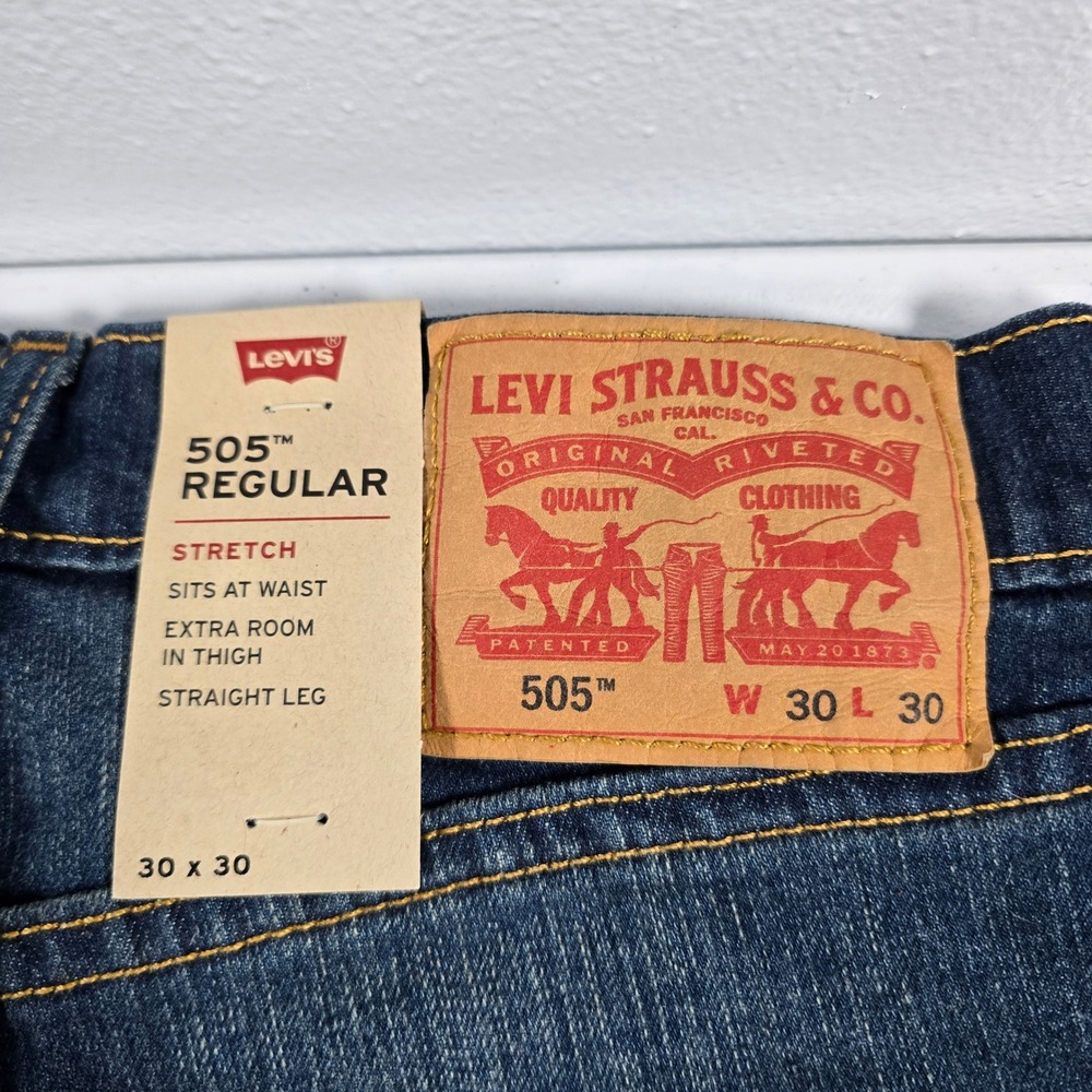 Levis 505 Regular‎ Fit Straight Leg Stretch Jeans Mens 30x30 Dark Wash Blue NWT - Picture 4 of 8